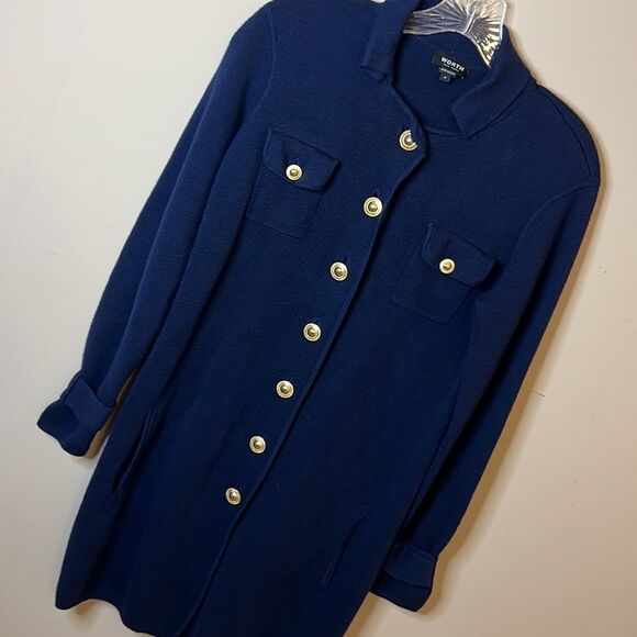 WORTH Navy Blue Wool Sweater Dress with Gold Buttons - Size Small - Picture 1 of 12